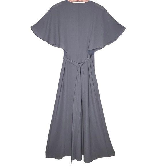 Halston Dusty Blue V Neck Ruffle Split Maxi Wrap Dress Gown Size L Short Sleeve - Picture 4 of 13